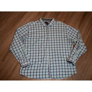 Linea Uomo Stretch Mens 4X‎ Button Down Shirt Green Navy Blue Plaid Long Sleeve